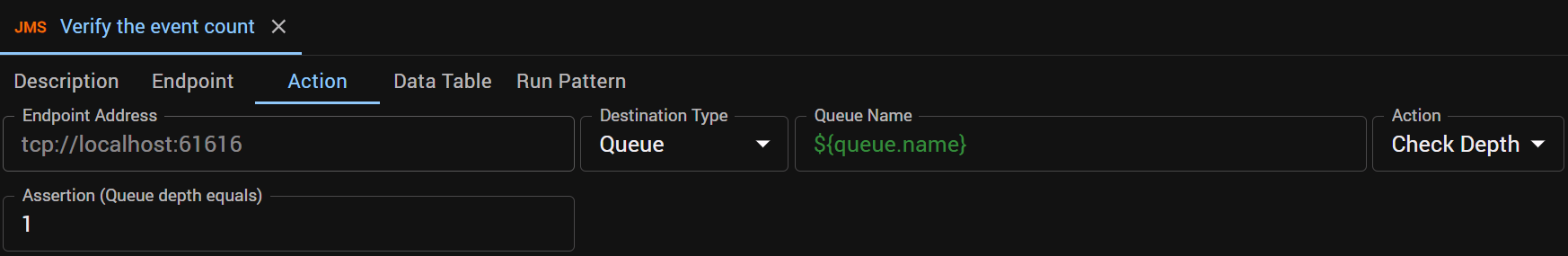 The Verify the event count step: a JMS Check Depth action on the queue, asserting the depth equals 1
