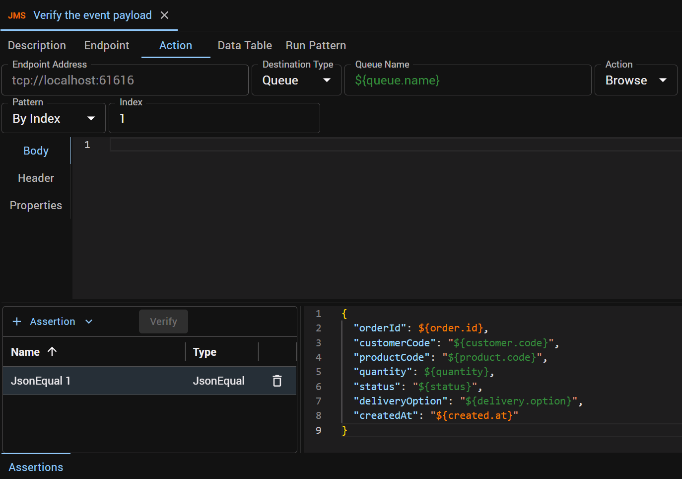 The Verify the event payload step's JsonEqual assertion, now including deliveryOption set to ${delivery.option}