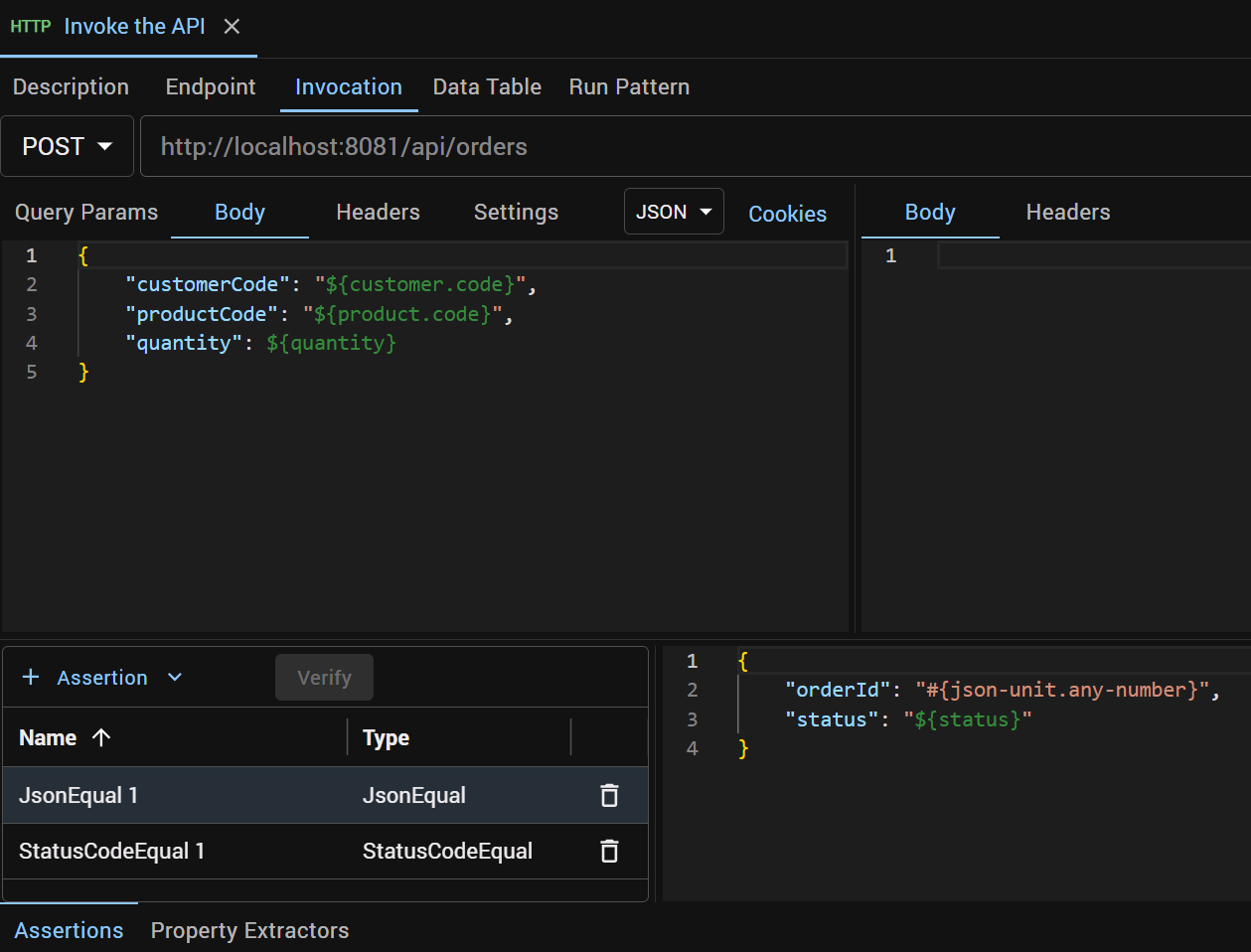 The Invoke the API step: POST to localhost/api/orders with the order request body, a JsonEqual assertion expecting orderId as any number and status PENDING, and a StatusCodeEqual assertion