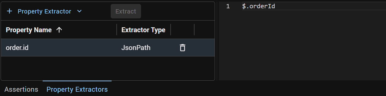The same step's Property Extractors tab: a JsonPath extractor named order.id reading $.orderId