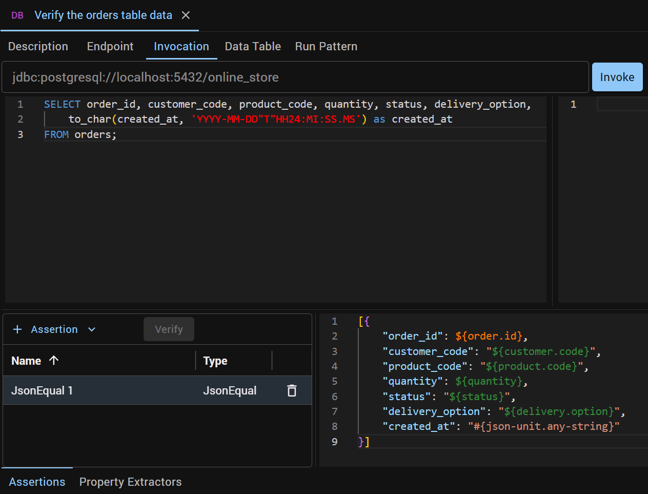 The Verify the orders table data step after the change: the SELECT now includes delivery_option, and the JsonEqual assertion includes delivery_option set to ${delivery.option}