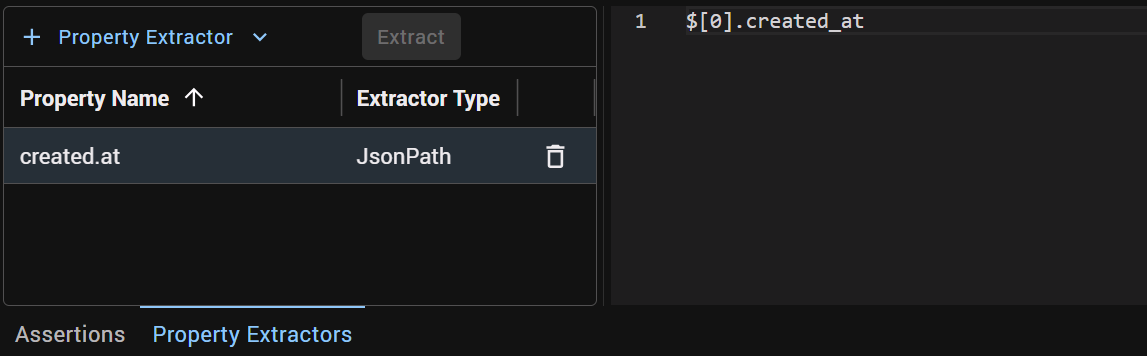 The same step's Property Extractors tab: a JsonPath extractor with property name created.at and JSON path $[0].created_at
