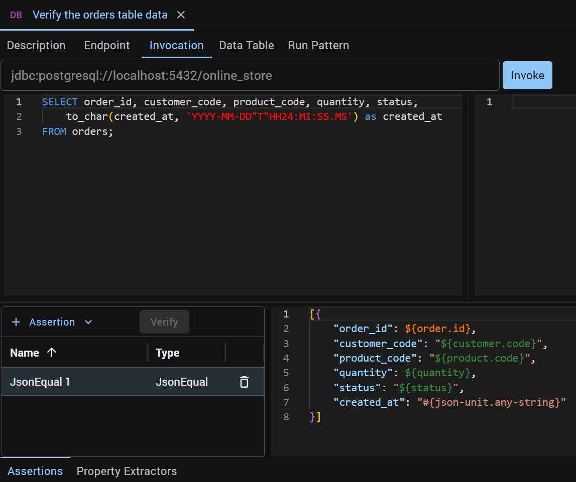 The Verify the orders table data step: a SELECT of the order columns with created_at formatted by to_char, and a JsonEqual assertion on a one-element array holding the expected row, with created_at as any string