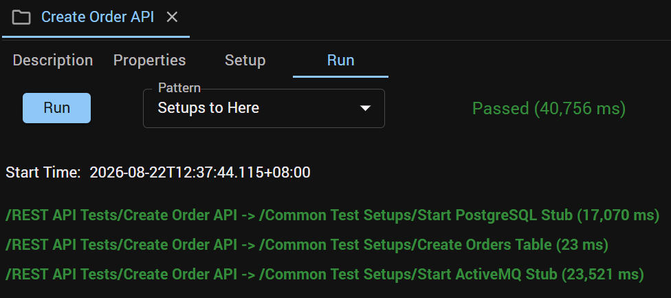 The Create Order API folder run with pattern Setups to Here, passed